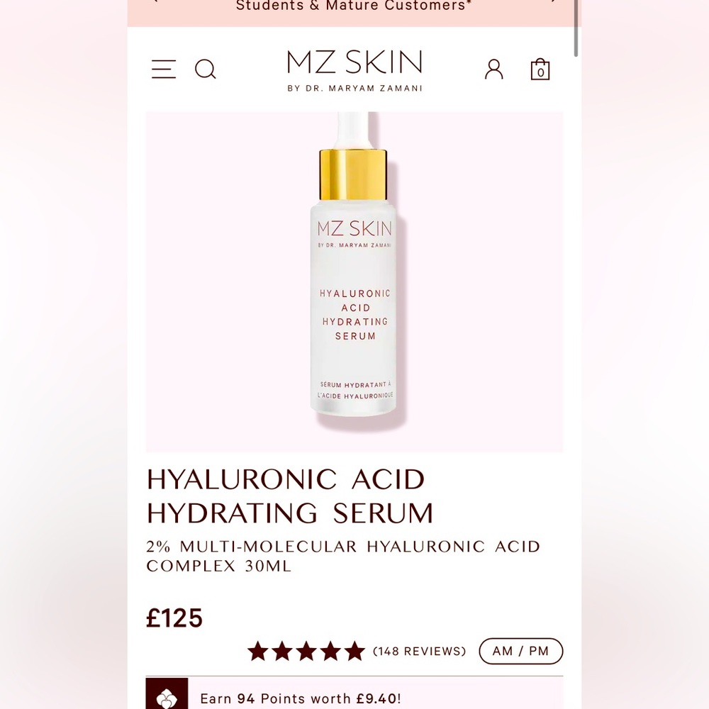 BNIB MZ SKIN HYALURONIC ACID HYDRATING SERUM